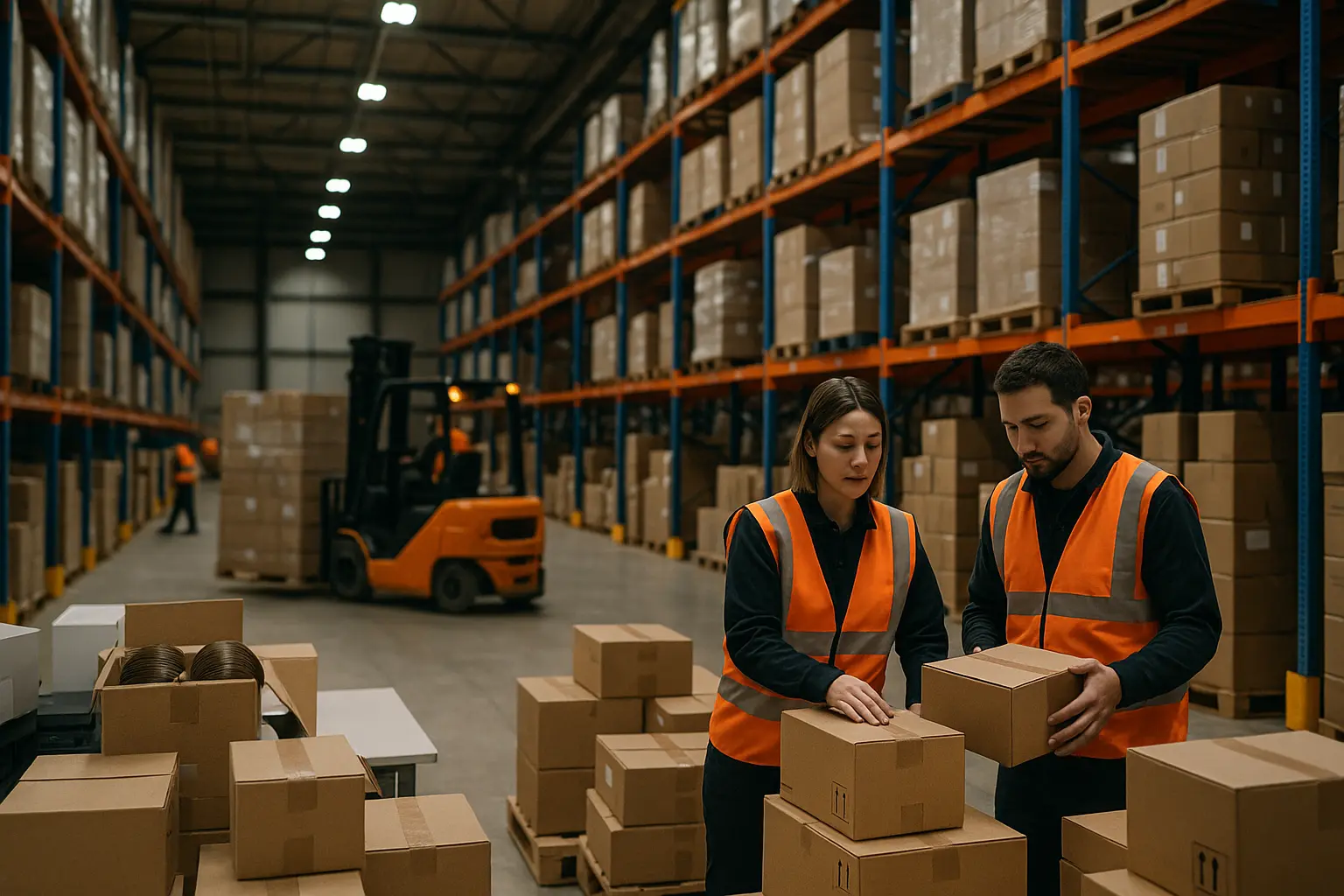 מחסן לוגיסטי עם עובדים מעבדים חבילות לשילוח בינלאומי