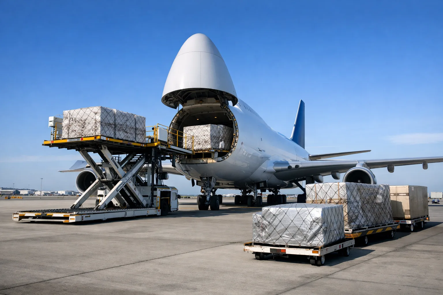 מטוס משא בשדה תעופה בינלאומי - שילוח מטענים אוויריים airplane cargo