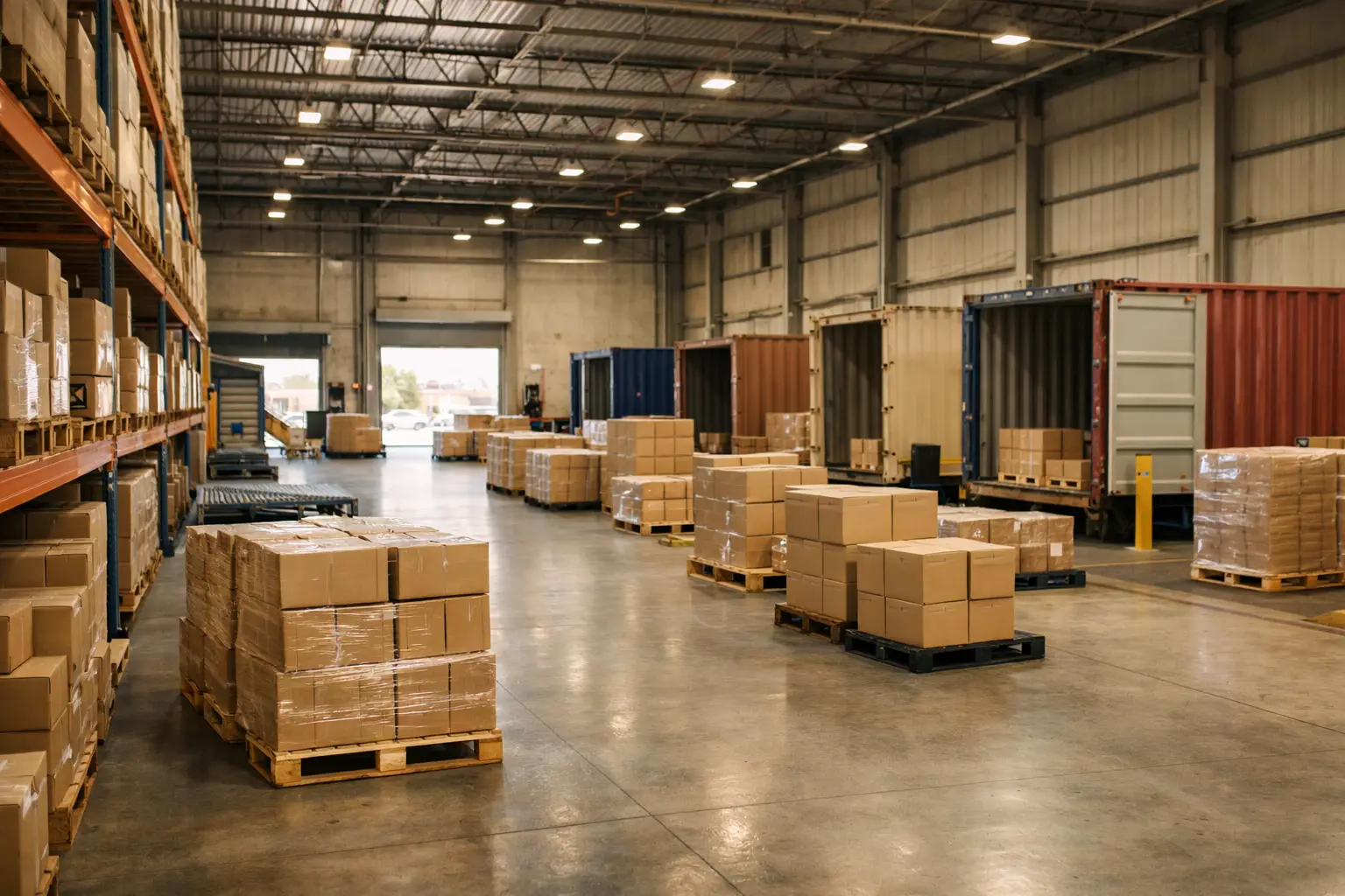 מחסן לוגיסטי עם מכולות מוכנות למשלוח
