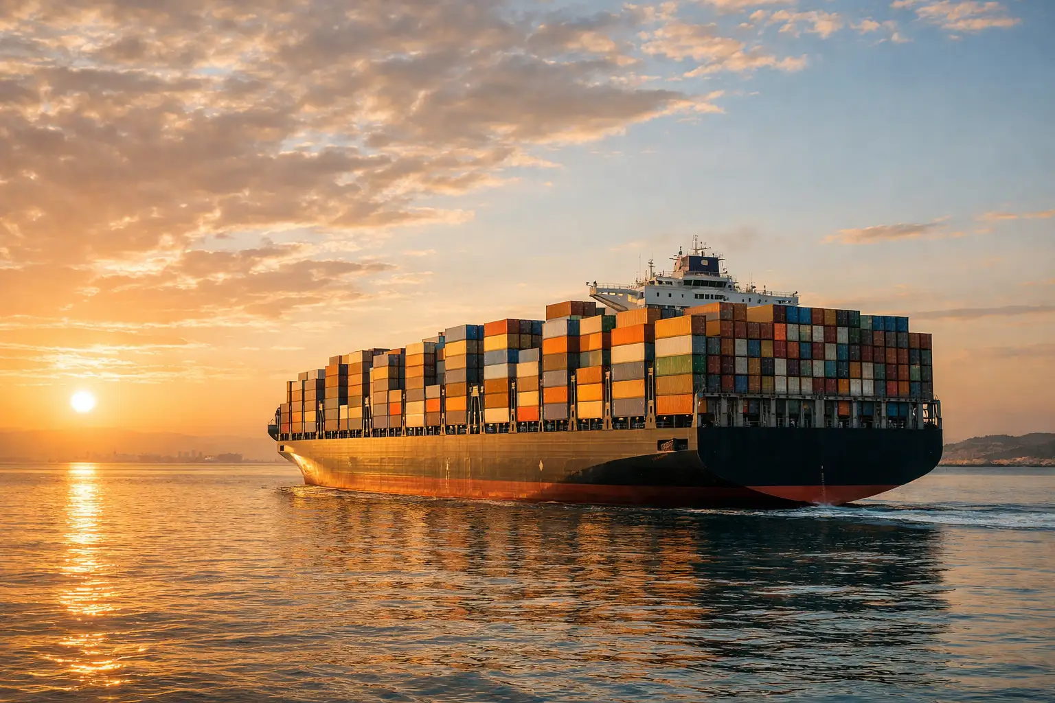 אוניית מכולות בנמל בזריחה